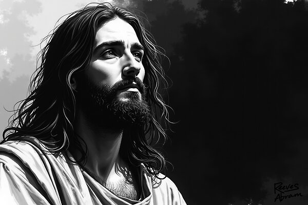 Contemplative Jesus - Black & White Illustration