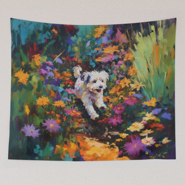 Item preview, A Havanese playing in a vibrant flower garden, Dogs in Motion designed and sold by CDC40.