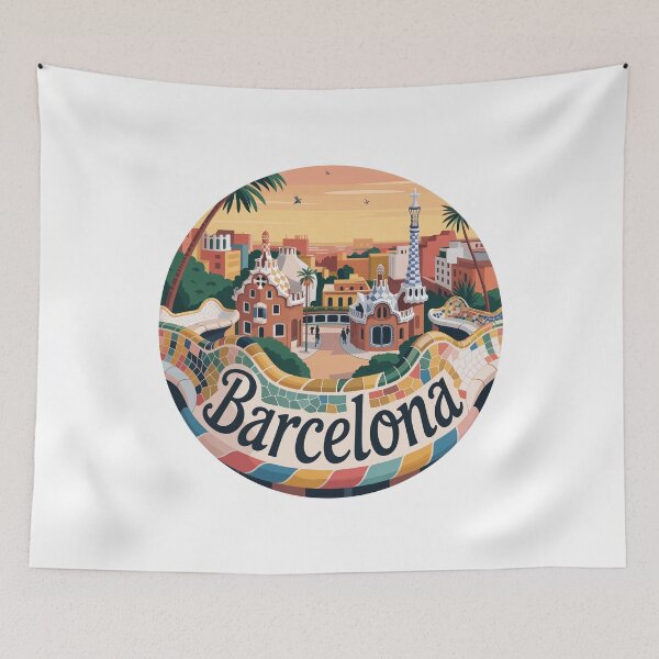 Item preview, Park Guell Mosaic View - Barcelona Retro Art - Architecture Illustration designed and sold by CircinusStore.