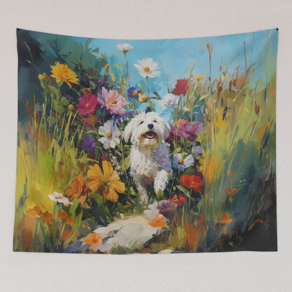 Item preview, A Havanese playing in a vibrant flower garden, Dogs in Motion designed and sold by CDC40.