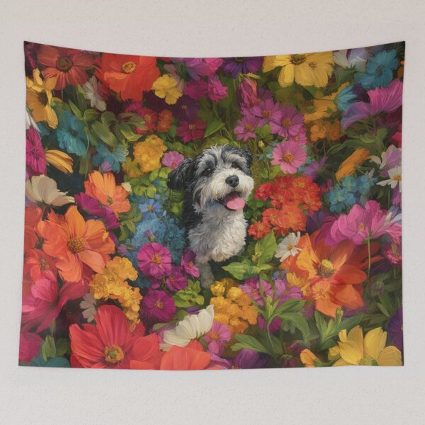 Item preview, A Havanese playing in a vibrant flower garden, Dogs in Motion designed and sold by CDC40.