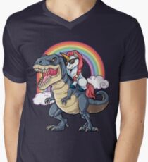 Unicorn Riding Dinosaur T Shirt T-Rex Funny Unicorns Party Rainbow Squad Gifts for Kids Boys Girls Men's V-Neck T-Shirt