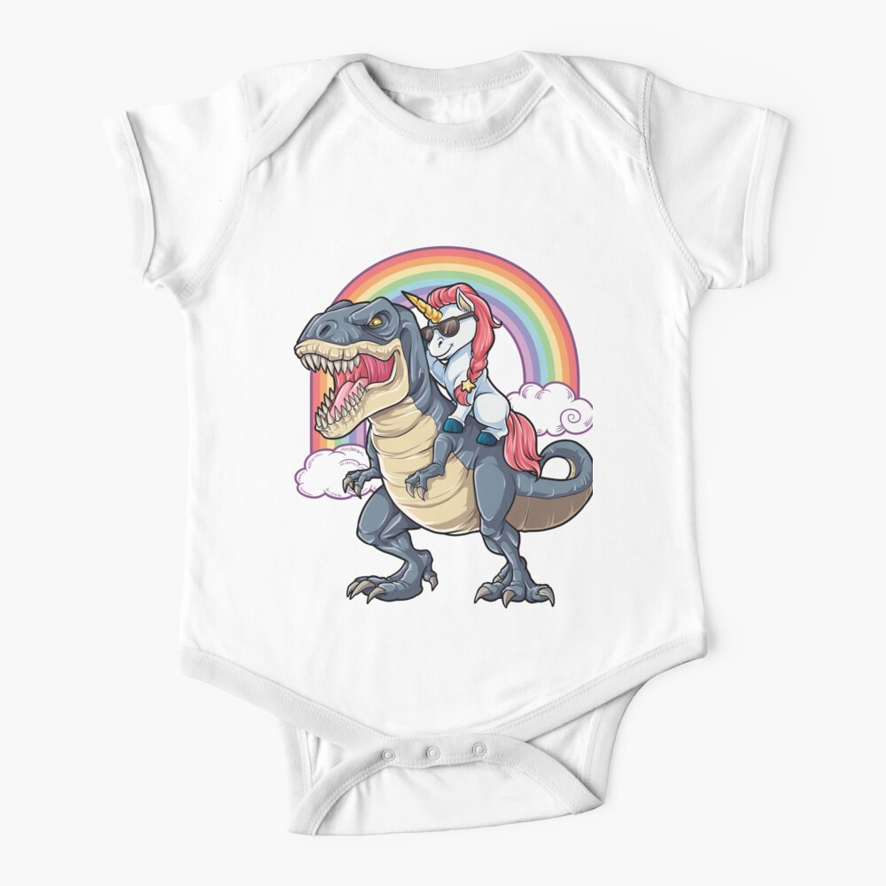 Unicorn Riding Dinosaur T Shirt T-Rex Funny Unicorns Party Rainbow Squad Gifts for Kids Boys Girls Baby One-Piece