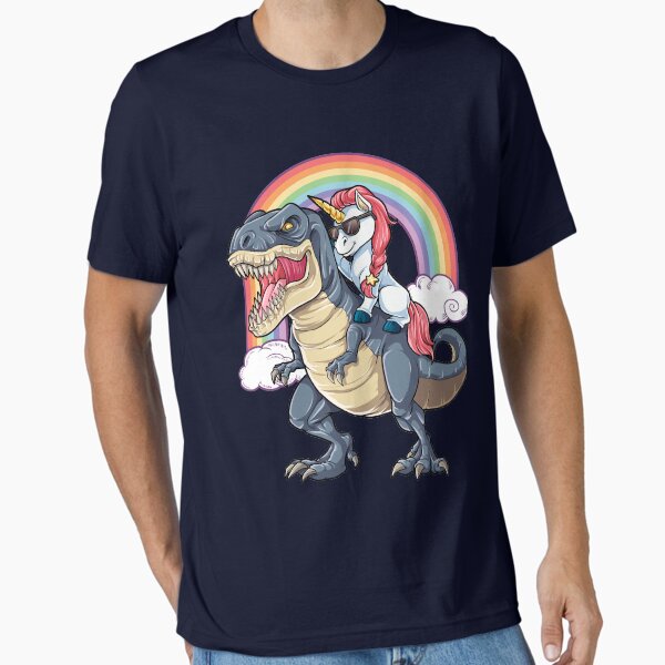 Vista previa del artículo con la obra «Camiseta con unicornio montado en dinosaurio, divertida camiseta de T-Rex, unicornios, fiesta, escuadrón arcoíris, regalos para niños, niñas y niños», diseñado y vendido por LiqueGifts.