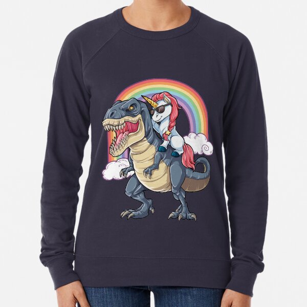 Unicorn Riding Dinosaur T Shirt T-Rex Funny Unicorns Party Rainbow Squad Gifts for Kids Boys Girls Lightweight Sweatshirt