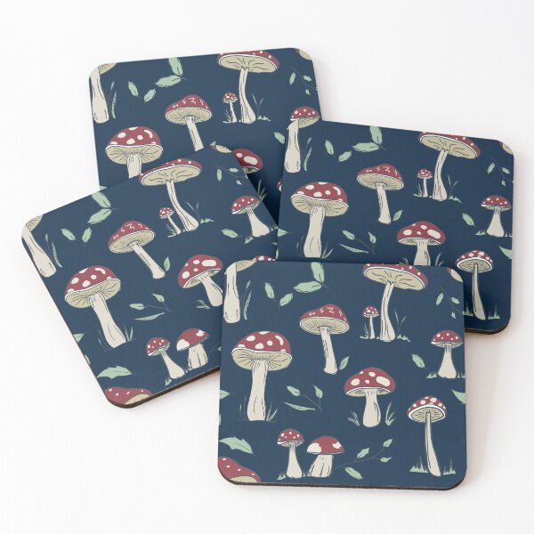 Item preview, Hand Drawn Red Mushroom Forest Pattern, Vertical Layout, Dark Blue, Moody designed and sold by FourAcreFarm.