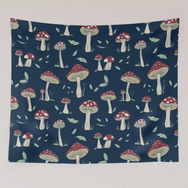 Item preview, Hand Drawn Red Mushroom Forest Pattern, Vertical Layout, Dark Blue, Moody designed and sold by FourAcreFarm.