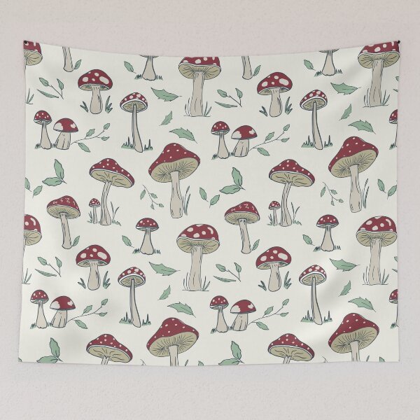 Item preview, Hand Drawn Red Mushroom Forest Pattern, Vertical Layout, Beige Background designed and sold by FourAcreFarm.