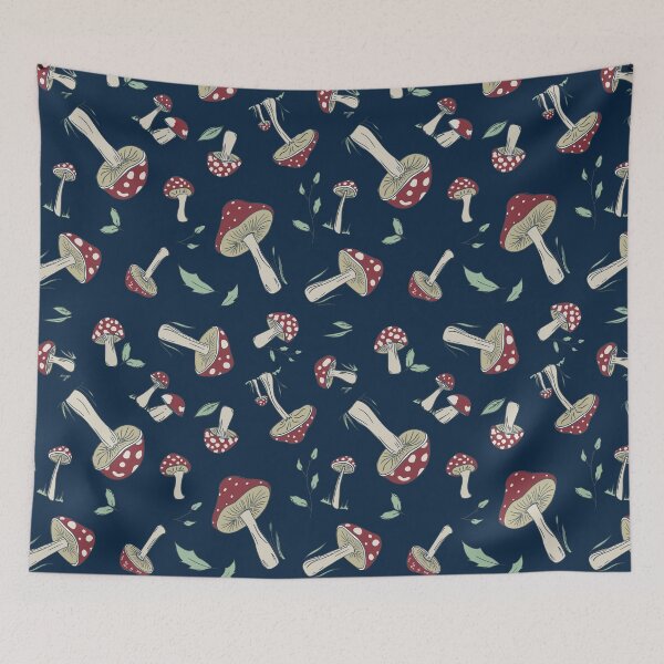 Item preview, Hand Drawn Red Mushroom Forest Pattern, Vertical Layout, Dark Blue, Moody, Tossed designed and sold by FourAcreFarm.