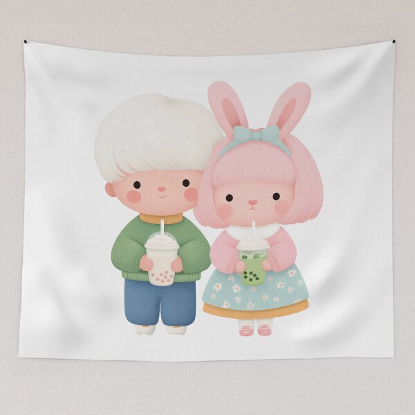 Item preview, Cute Boba Couple – Kawaii Boy and Bunny Girl Drinking Bubble Tea designed and sold by BobaBunny76.