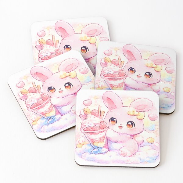 Item preview, Kawaii bunny with strawberry parfait – Cute pastel dessert on clouds designed and sold by Kallandra.