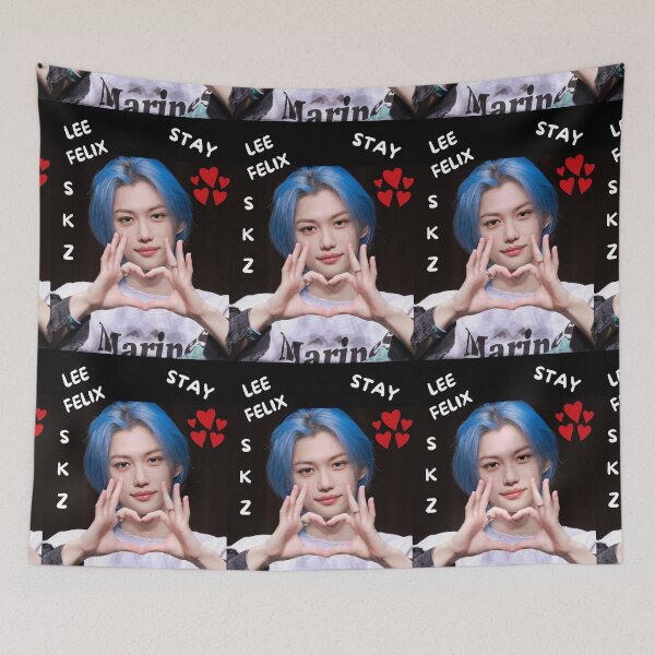 Item preview, K-pop Straykids Felix with blue hair posing a heart designed and sold by Amylilylove.