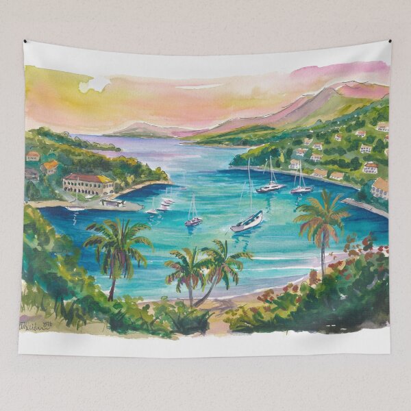 Item preview, English Harbour Antigua Painting with Tropical Coast and Historic Marina designed and sold by artshop77.