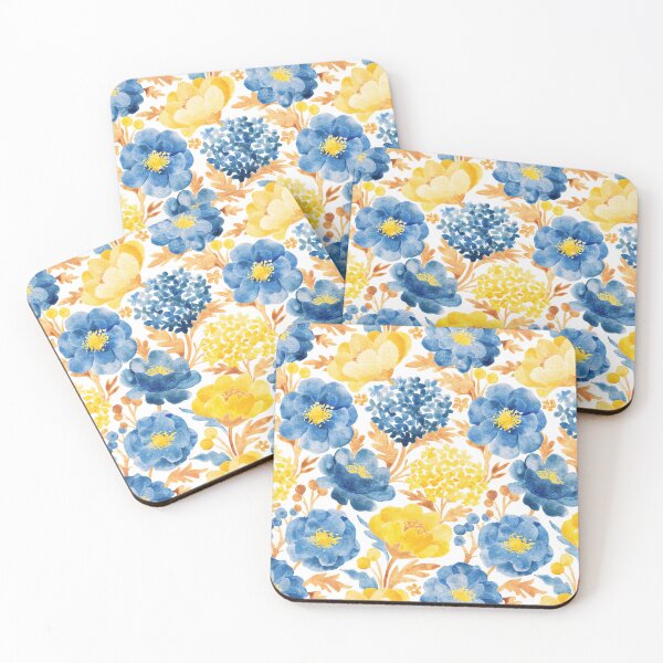 Item preview, Buttercup Yellow and Denim Blue Retro Country Floral on White designed and sold by micklyn.