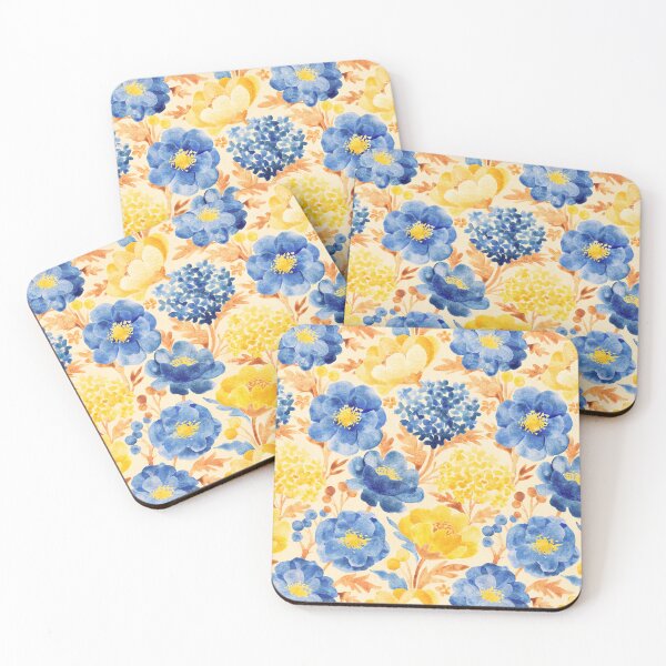 Item preview, Buttercup Yellow and Denim Blue Retro Country Floral on Cream designed and sold by micklyn.