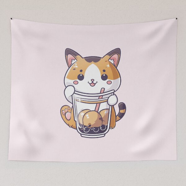 Item preview, Kawaii Calico Cat Drinking Boba Milk Tea - Cute Chibi Sticker designed and sold by OddityAndOrbit.