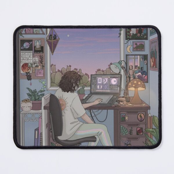 Item preview, Cozy Creative Workspace at Sunset with Cat designed and sold by AbstractAuraArt.
