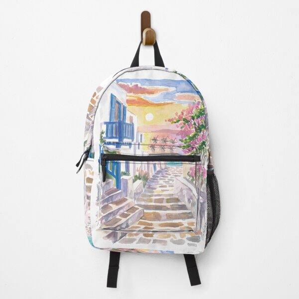Item preview, Mykonos Alley Painting with Stairs, Sea View and Windmills at Sunset designed and sold by artshop77.
