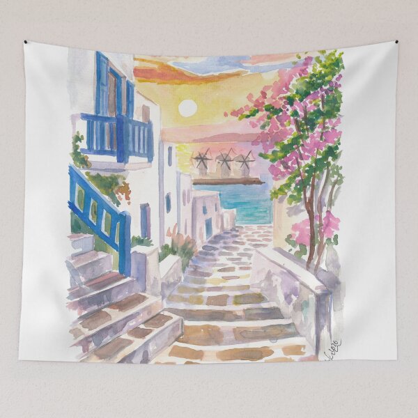 Item preview, Mykonos Alley Painting with Stairs, Sea View and Windmills at Sunset designed and sold by artshop77.