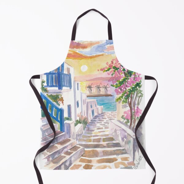 Item preview, Mykonos Alley Painting with Stairs, Sea View and Windmills at Sunset designed and sold by artshop77.