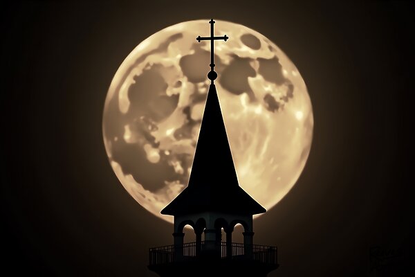 Full Moon Church Steeple - Bell Tower Silhouette