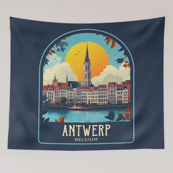 Item preview, Antwerp Vintage Travel Illustration designed and sold by HomeLivingCo.