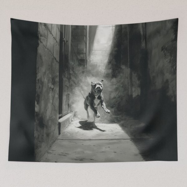 Item preview, A powerful Pit Bull sprinting through a gritty urban alley, Dogs in Motion designed and sold by CDC40.