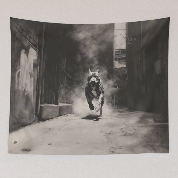 Item preview, A powerful Pit Bull sprinting through a gritty urban alley, Dogs in Motion designed and sold by CDC40.