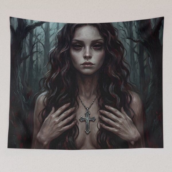 Item preview, Demonic Woman in Moonlit Forest – Gothic Horror Portrait Art designed and sold by ShadeScapeArt.