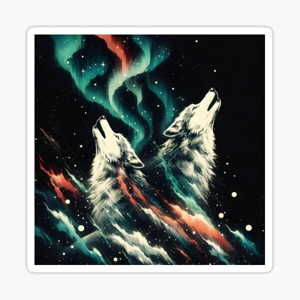 Northern Lights Wolves, Ai Generated Art Sticker