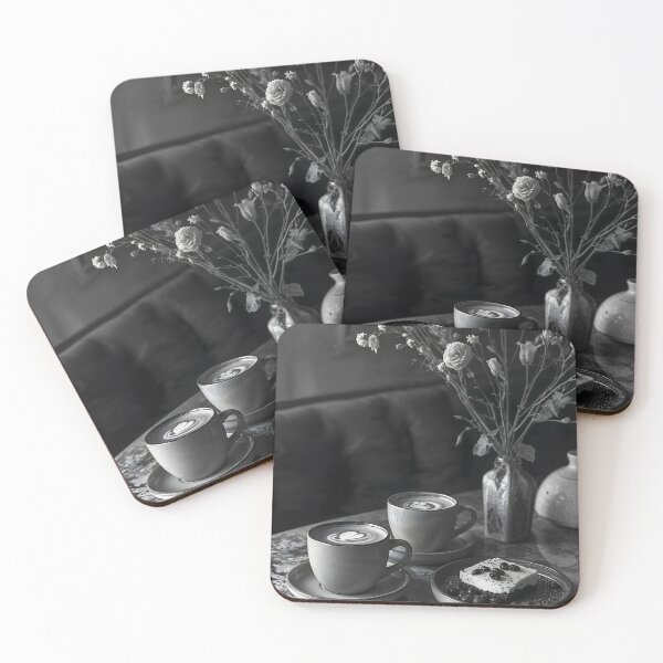 Item preview, Black & White Coffee Still Life with Cake & Flowers designed and sold by ShadeScapeArt.