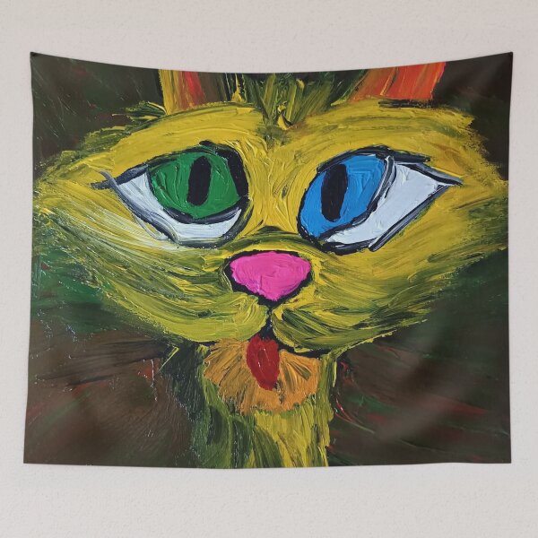Item preview, Electric Lime Cat with Mismatched Eyes - Original Acrylic Pop Art designed and sold by BeyondInkwell.