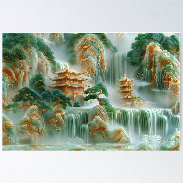 Item preview, Jade Waterfalls and Pagodas Mountain Scenery designed and sold by MargaretWiktor.