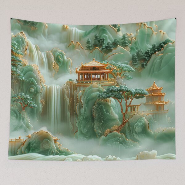 Item preview, Jade Waterfalls and Pagodas Mountain Scenery designed and sold by MargaretWiktor.