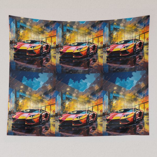 Item preview, Vibrant Rainbow Sports Car Parked Under Stormy Night City Lights designed and sold by RevUpDesign.