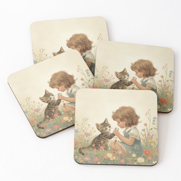 Item preview, Child with Kitten in Flowers - Vintage Storybook Art designed and sold by DariuszWilkosz.