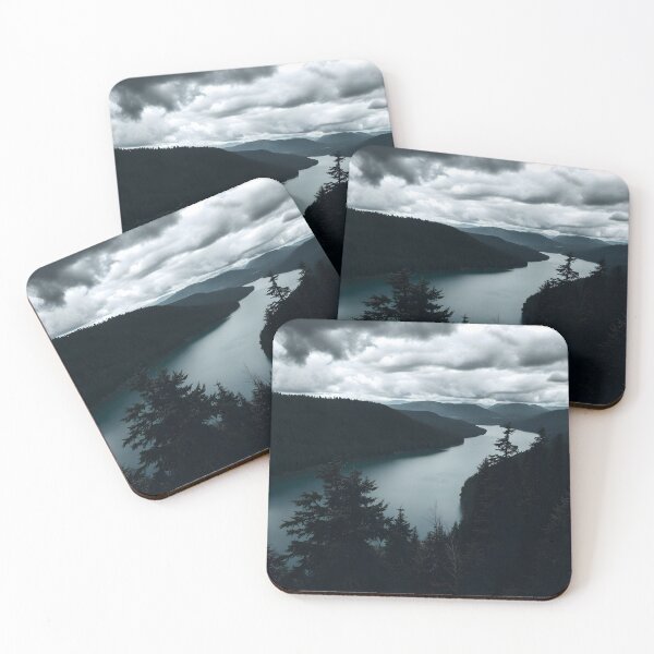 Item preview, Monochrome Aerial River & Foggy Mountains Landscape designed and sold by ShadeScapeArt.