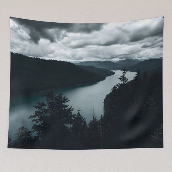 Item preview, Monochrome Aerial River & Foggy Mountains Landscape designed and sold by ShadeScapeArt.