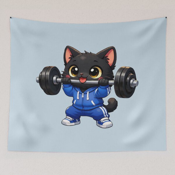 Item preview, Cute Black Cat Lifting Weights – Funny Gym Cartoon designed and sold by MKVisions.