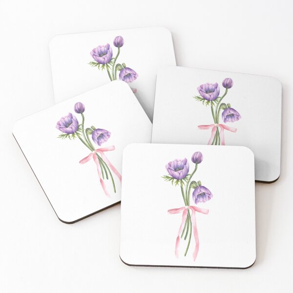 Item preview, Watercolor anemone purple flowers bouquet tied with pink ribbon. Hand drawn designed and sold by BartolArt.