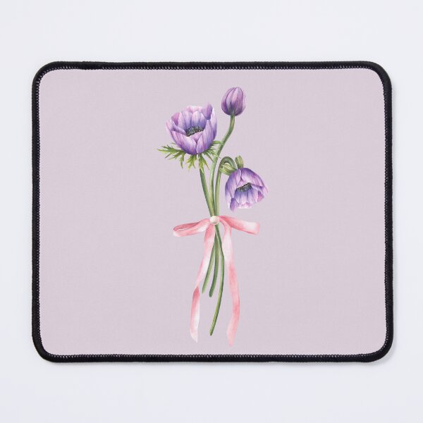 Item preview, Watercolor anemone purple flowers bouquet tied with pink ribbon. Hand drawn designed and sold by BartolArt.