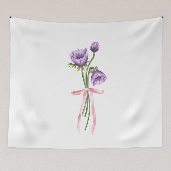 Item preview, Watercolor anemone purple flowers bouquet tied with pink ribbon. Hand drawn designed and sold by BartolArt.
