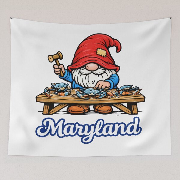 Item preview, Maryland Gnome Cracking Blue Crabs – Coastal Cartoon Illustration designed and sold by Moriarty's Digital Visions.