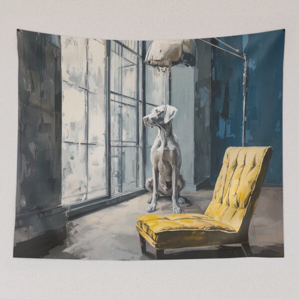 Item preview, A striking Weimaraner posed in a modern interior, Dogs in Motion designed and sold by CDC40.