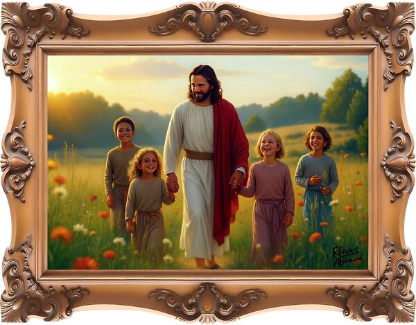 Jesus Christ with Children enjoying the Wildflowers