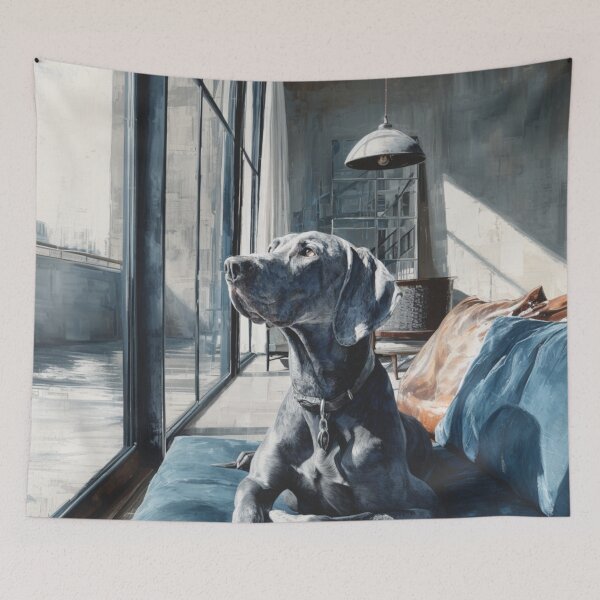 Item preview, A striking Weimaraner posed in a modern interior, Dogs in Motion designed and sold by CDC40.