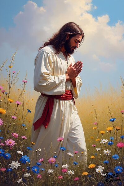 Jesus in Prayerful Bliss Amid Wildflowers
