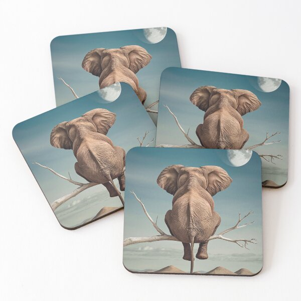 Item preview, Surreal Elephant on Tree Branch Watching the Moon – Dreamlike Desert Night Art Print. designed and sold by JoseFrancese.