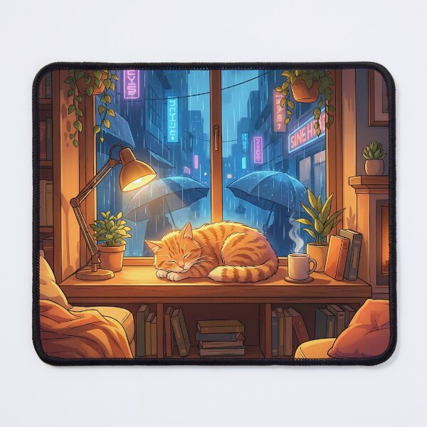 Artikelvorschau, Orangefarbene Katze schläft am regnerischen Fenster entworfen und verkauft von Neural Dream.