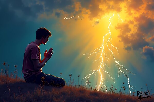 Praying Young Man with Lightning Strike Night Sky